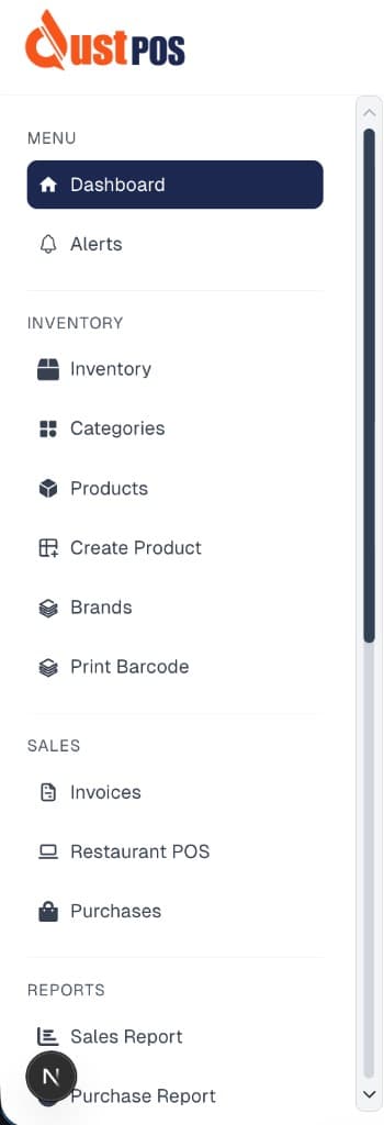 QustPOS dashboard sidebar - Menu, Inventory, Sales