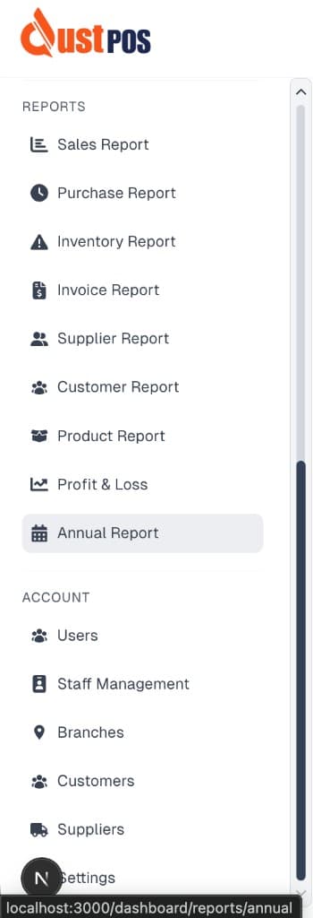 QustPOS dashboard sidebar - Reports and Account